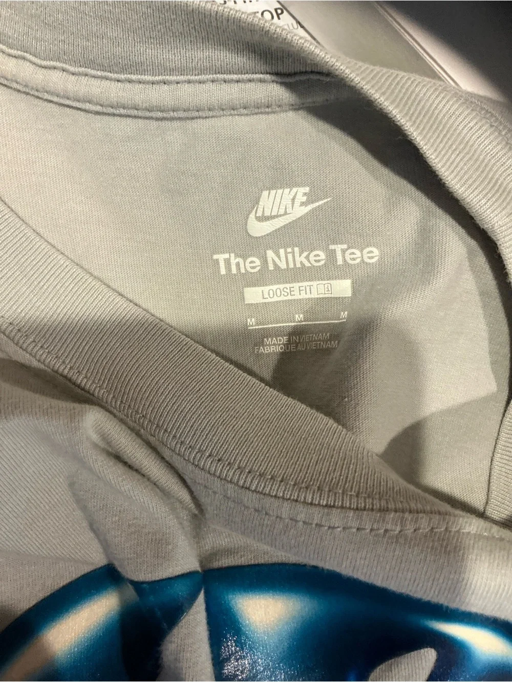 Nike Light Gray Tee with Blue-Purple Drip Logo and Pink Swoosh
